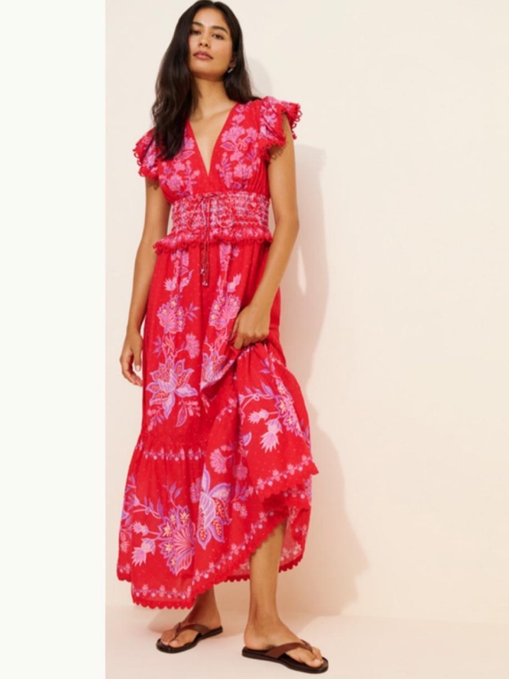 FARM Rio Boho Maxi Dress Smocked Waist Ruffle